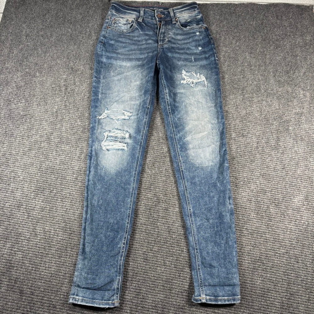 Maurices High Rise Boyfriend Jeans Womens 0 Long Blue Excellent Distressed Fly